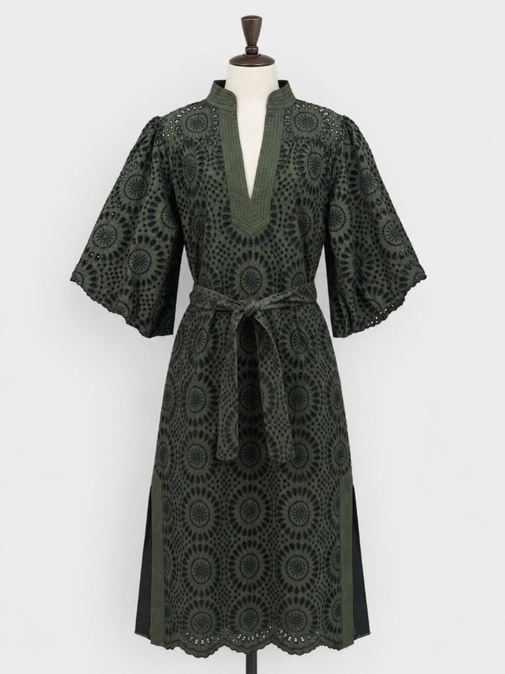 Figue Dress Medium Green Embroidered Kaftan Eyelet Kimono Danya Belted Boho